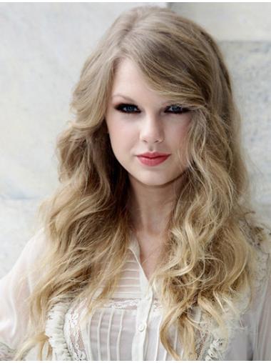 Blond Syntet Lång Vågig Med Lugg 100% Handknuten Taylor Swift Peruker