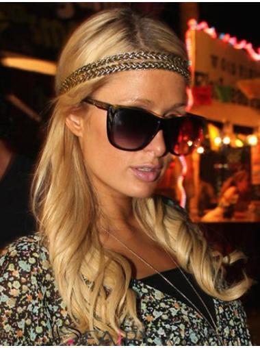 Vågig Lång Syntet Blond Utan Lugg 100% Handknuten Paris Hilton Peruker
