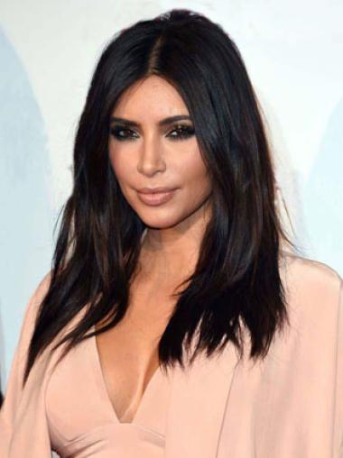 18" Svart Syntet Lång Rakt Utan Lugg Kim Kardashian Peruk