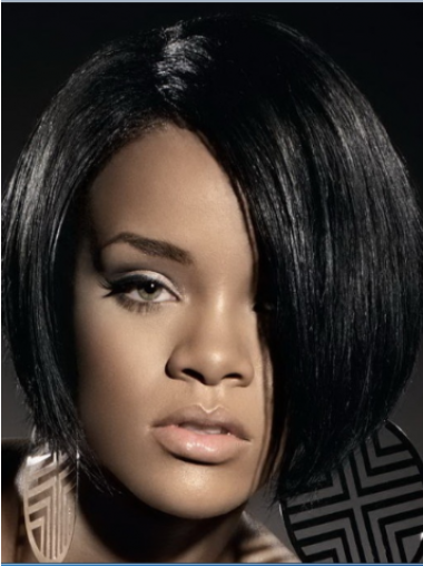 Kort Rakt Lace Front Äkta Hår 10" Svart Rihanna Peruk