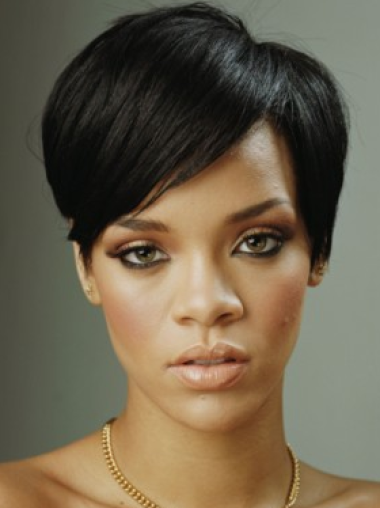 Rakt Äkta Hår 8" Svart Med Lugg Rihanna Peruker