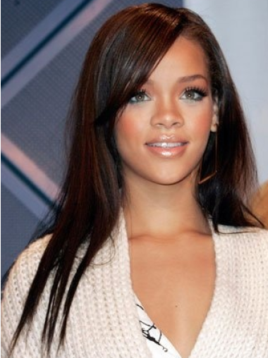 Lång Svart 18" Rakt Med Lugg Rihanna Peruk