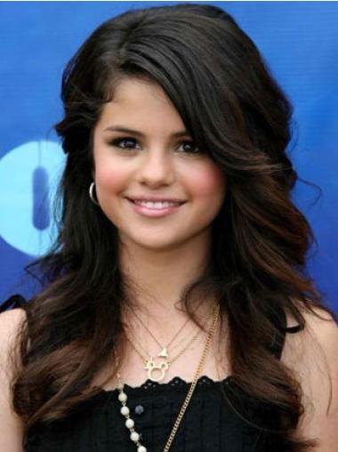 Vågig Äkta Hår 20" Svart Lång Lace Front Selena Gomez Peruk