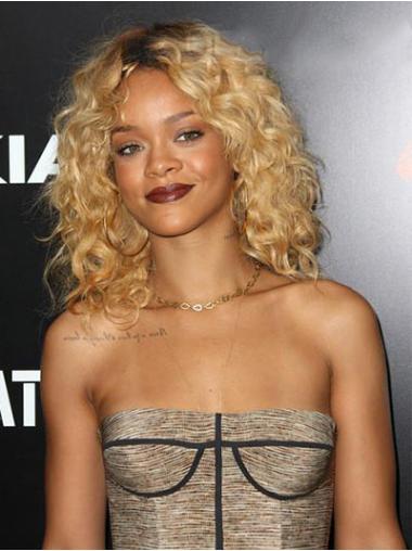 Lockig Lace Front Indiskt Hår Medellånga Blond 14" Rihanna Peruk